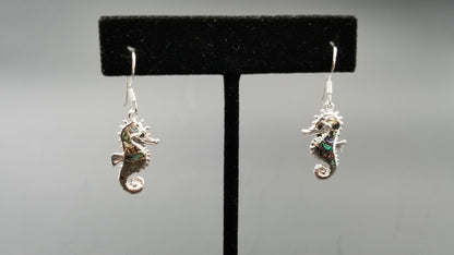 STERLING SILVER W/ ABALONE SHELL SEAHORSE DANGLE EARRINGS