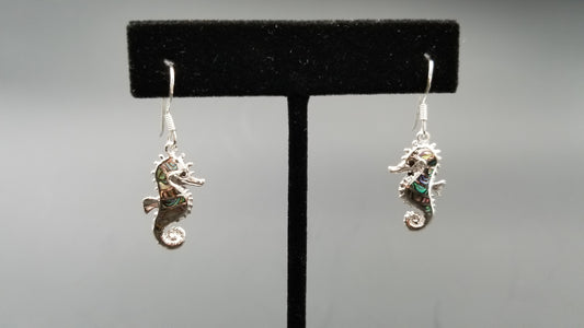 STERLING SILVER W/ ABALONE SHELL SEAHORSE DANGLE EARRINGS