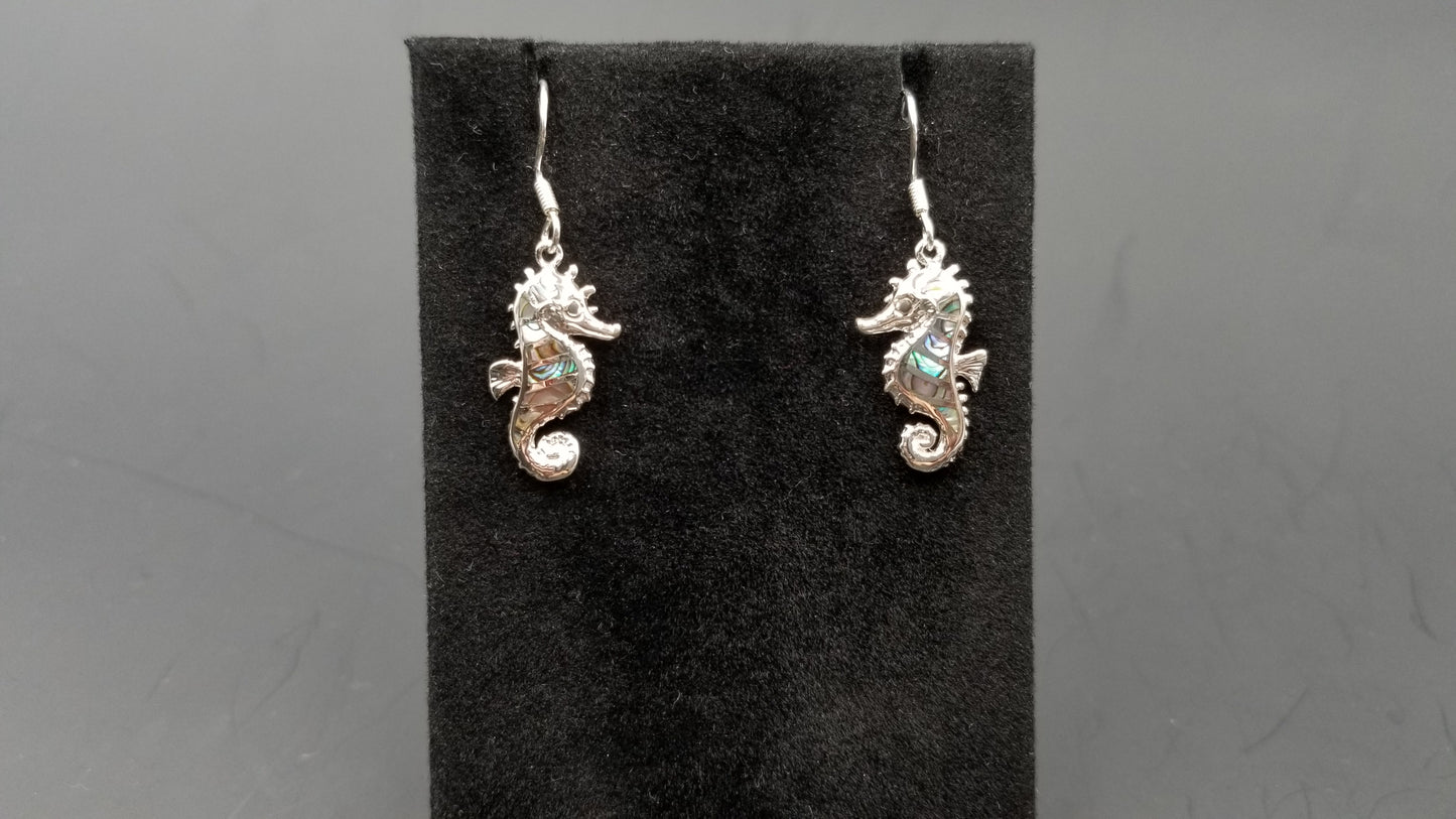 STERLING SILVER W/ ABALONE SHELL SEAHORSE DANGLE EARRINGS