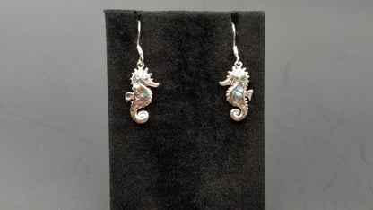 STERLING SILVER W/ ABALONE SHELL SEAHORSE DANGLE EARRINGS