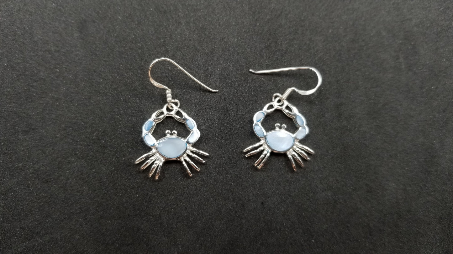 STERLING SILVER W/ BLUE MOTHER OF PEARLS CRABS DANGLE EARRINGS