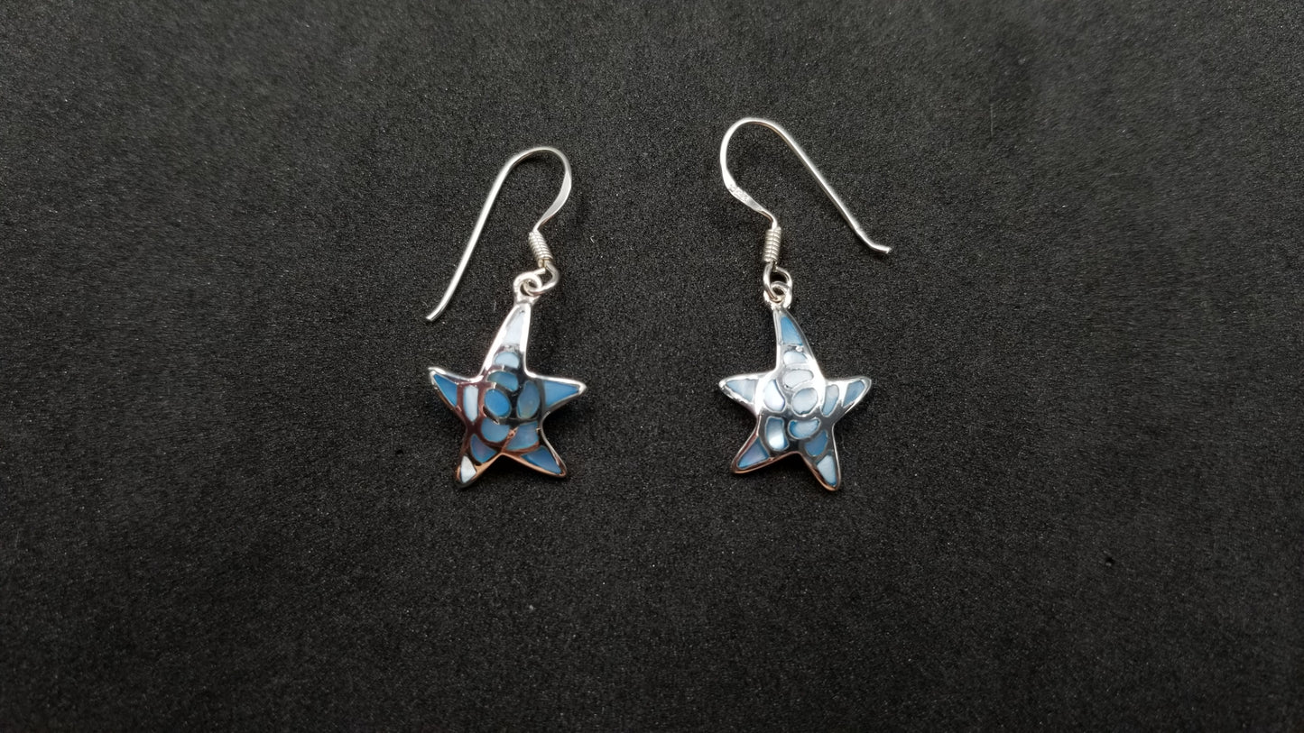 STERLING SILVER W/ BLUE MOTHER OF PEARLS STARFISH DANGLE EARRINGS