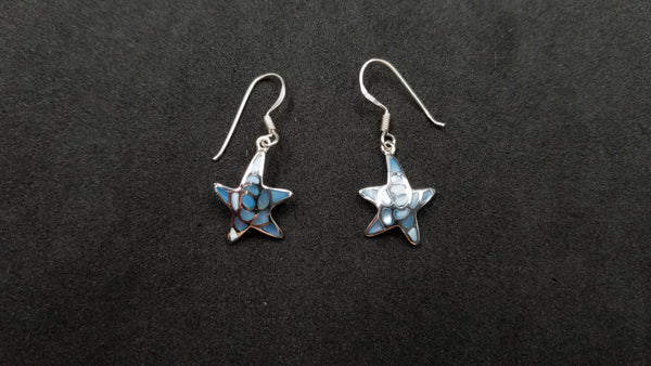 STERLING SILVER W/ BLUE MOTHER OF PEARLS STARFISH DANGLE EARRINGS