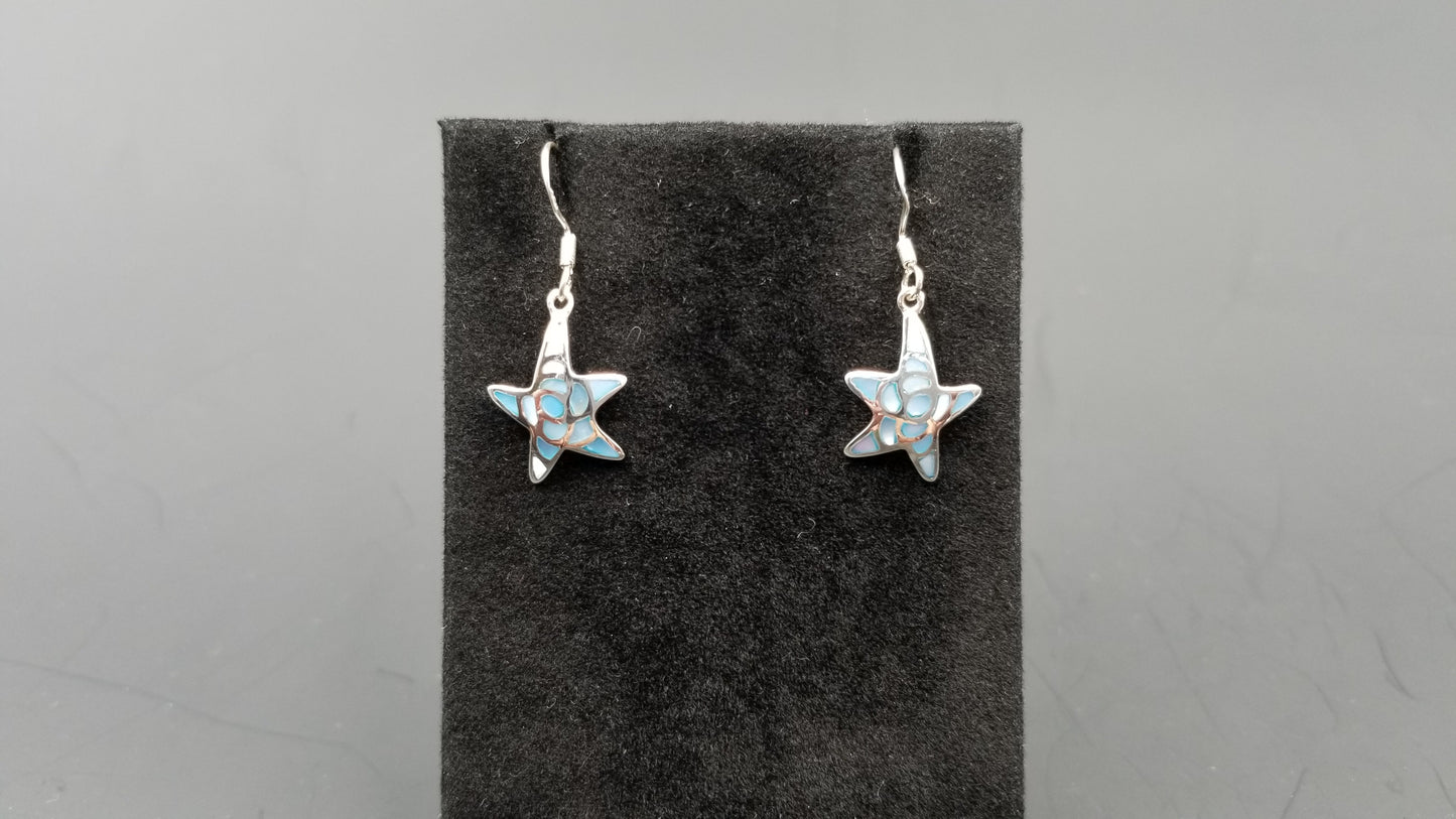STERLING SILVER W/ BLUE MOTHER OF PEARLS STARFISH DANGLE EARRINGS