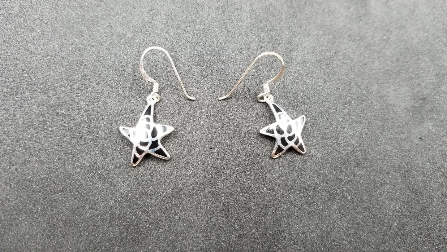 STERLING SILVER W/ BLACK STONES STARFISH DANGLE EARRINGS