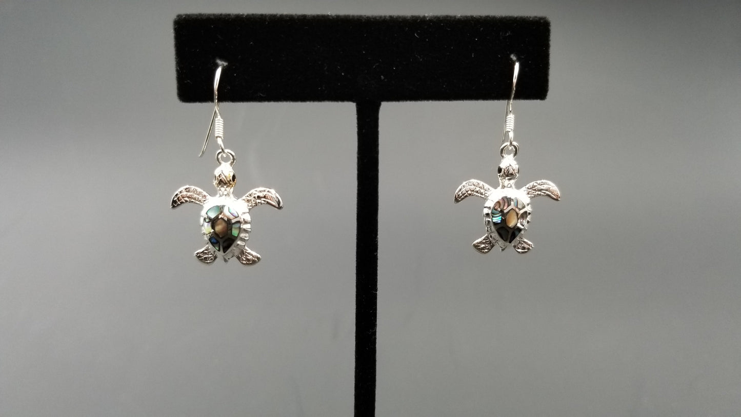STERLING SILVER W/ ABALONE SHELL SEA TURTLE DANGLE EARRING