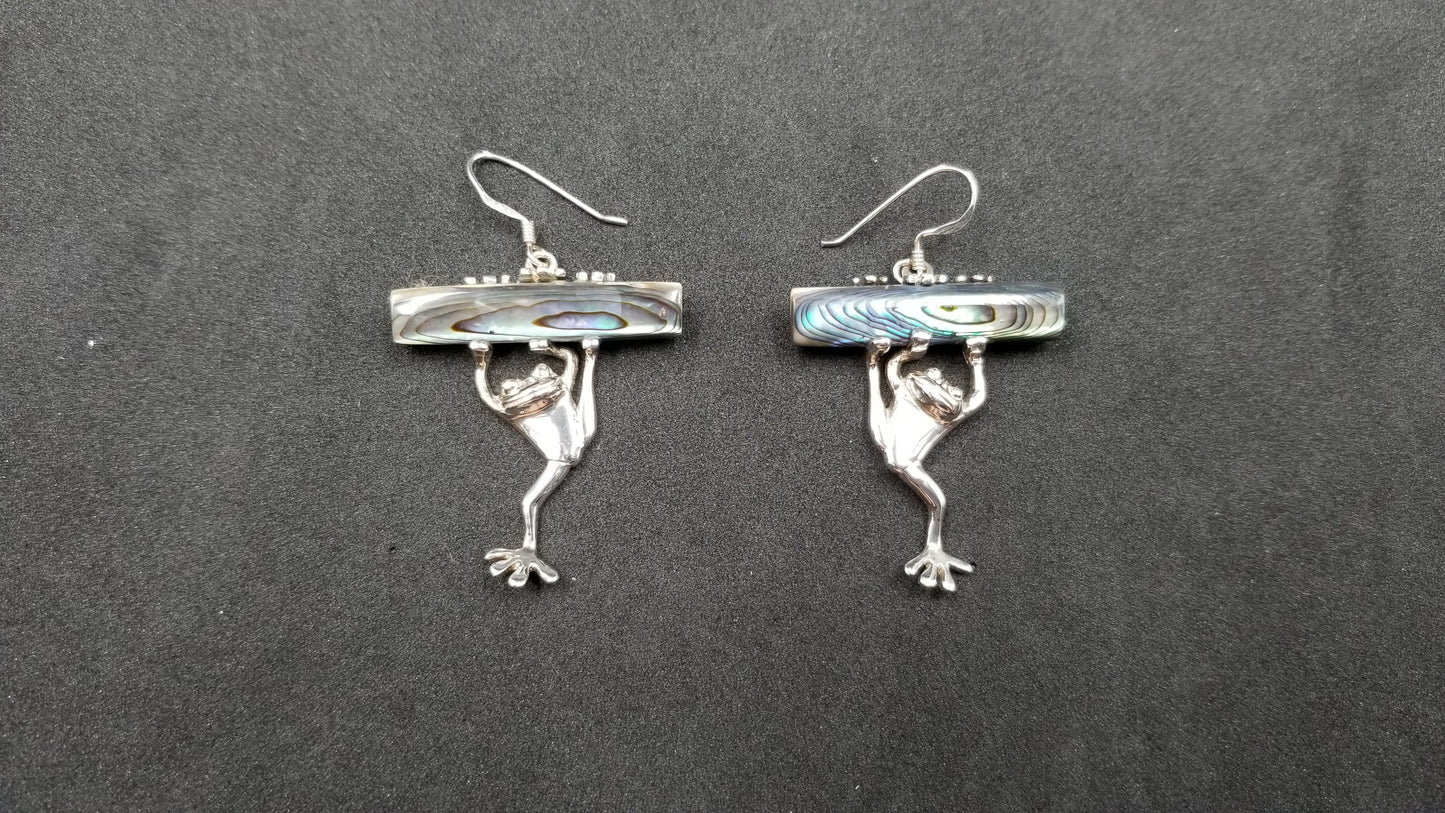STERLING SILVER W/ ABALONE SHELL HANGING FROG DANGLE EARRING
