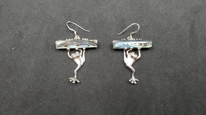 STERLING SILVER W/ ABALONE SHELL HANGING FROG DANGLE EARRING
