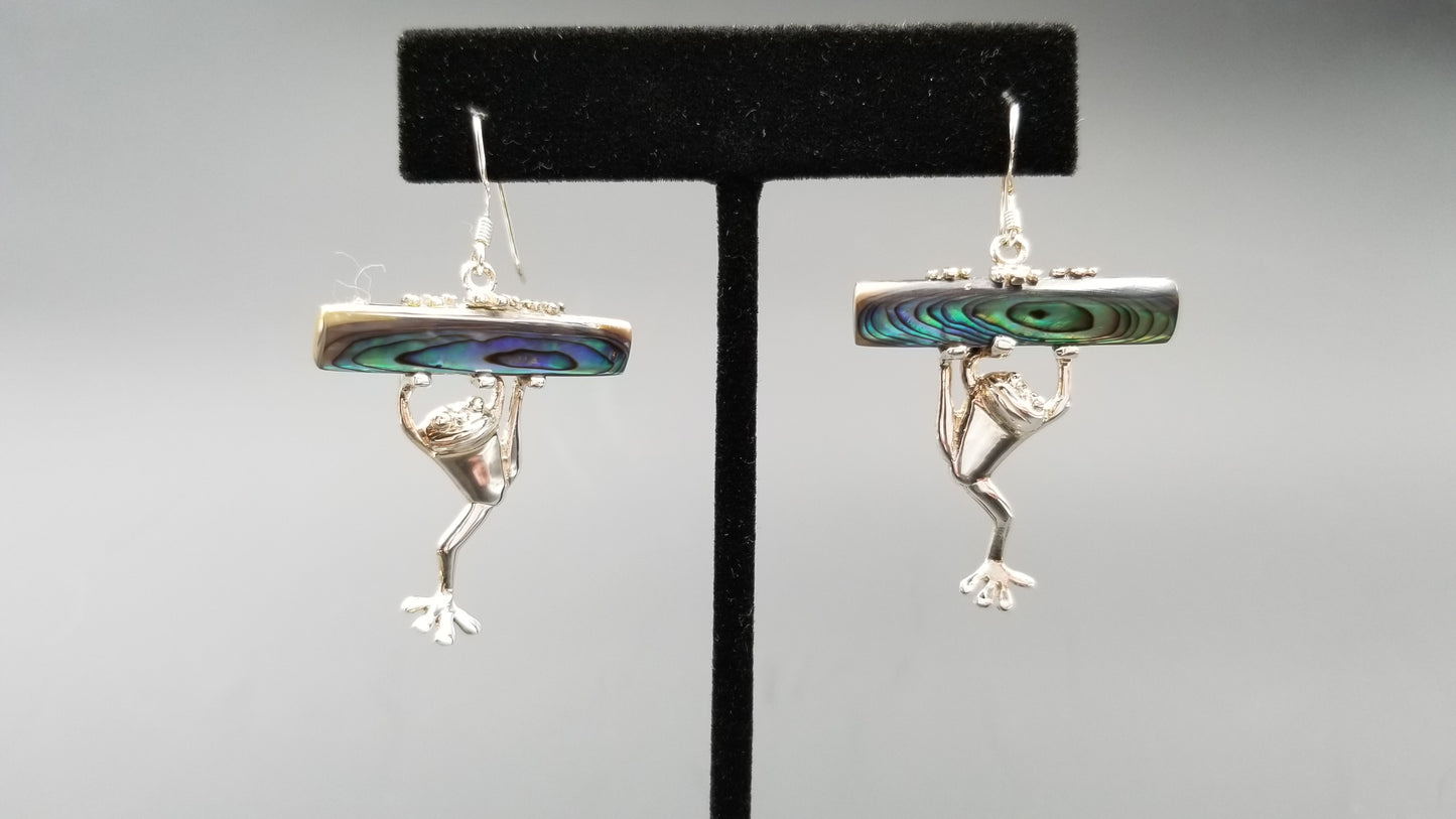 STERLING SILVER W/ ABALONE SHELL HANGING FROG DANGLE EARRING