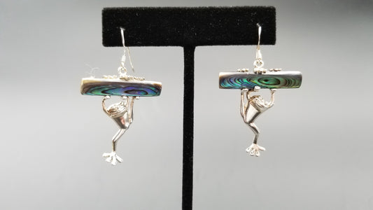 STERLING SILVER W/ ABALONE SHELL HANGING FROG DANGLE EARRING