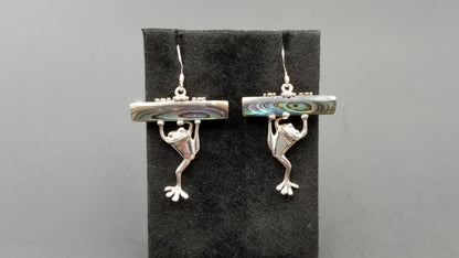 STERLING SILVER W/ ABALONE SHELL HANGING FROG DANGLE EARRING