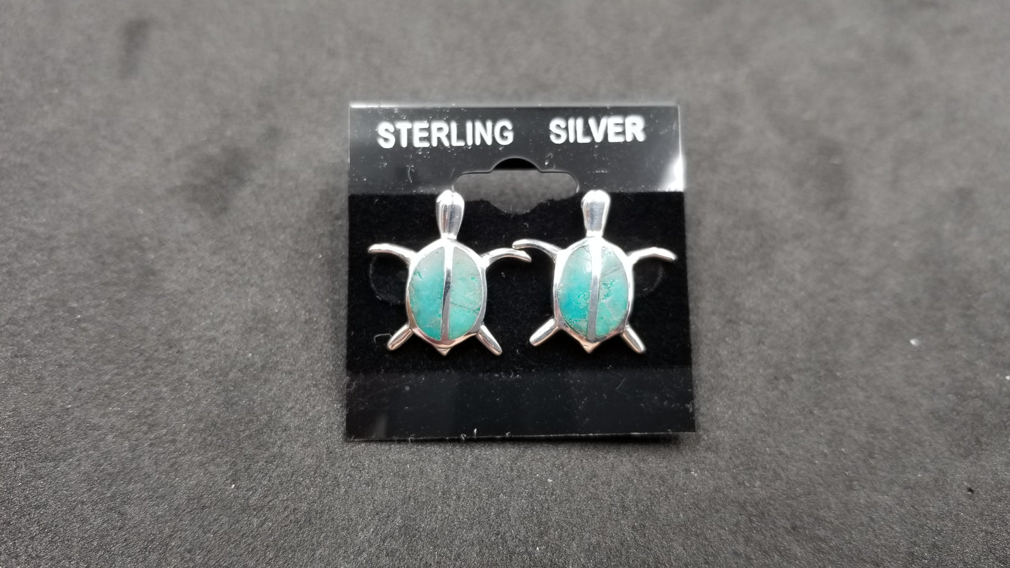 STERLING SILVER W/SYNTHETIC TURQOUISE TURTLE PUSH BACKS EARRINGS