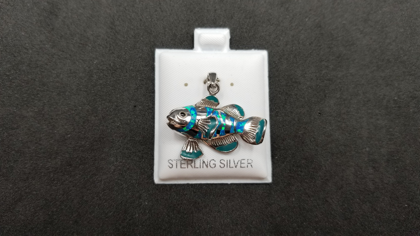 STERLING SILVER W/ SYNTHETIC OPAL INLAY FISH PENDANT