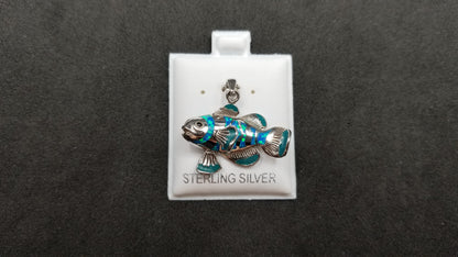 STERLING SILVER W/ SYNTHETIC OPAL INLAY FISH PENDANT