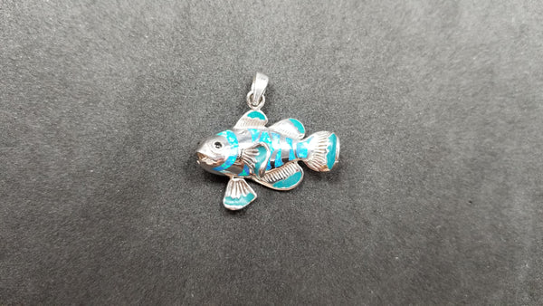 STERLING SILVER W/ SYNTHETIC OPAL INLAY FISH PENDANT