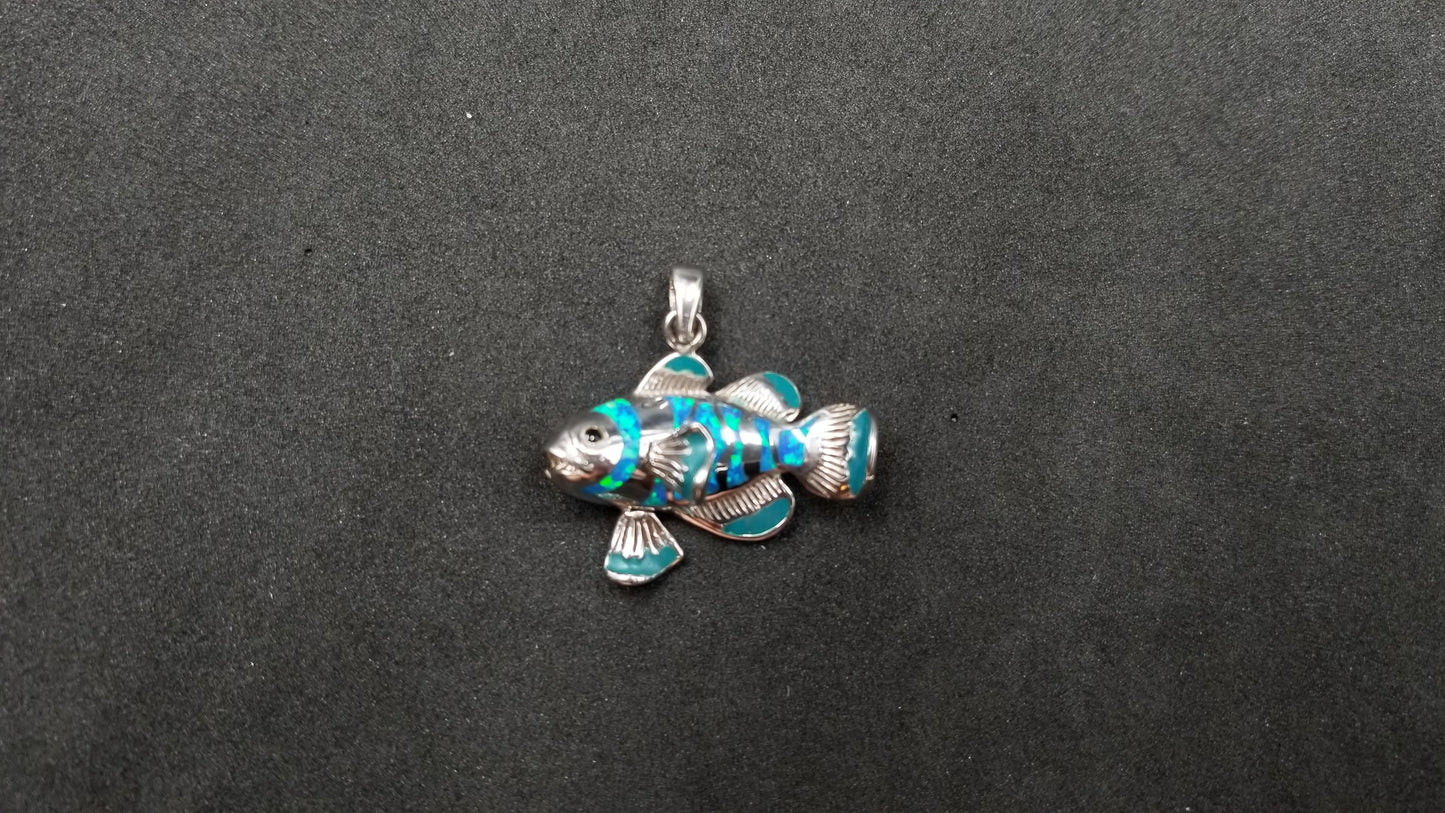STERLING SILVER W/ SYNTHETIC OPAL INLAY FISH PENDANT
