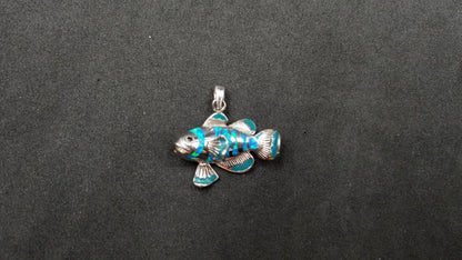 STERLING SILVER W/ SYNTHETIC OPAL INLAY FISH PENDANT