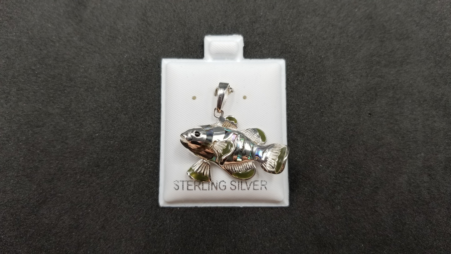 STERLING SILVER W/ ABALONE SHELL AND GREEN ENAMEL FISH PENDANT