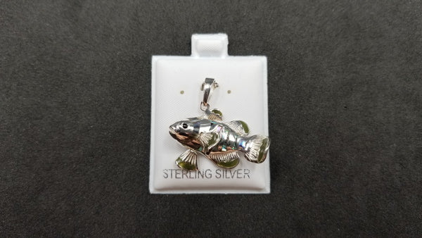 STERLING SILVER W/ ABALONE SHELL AND GREEN ENAMEL FISH PENDANT