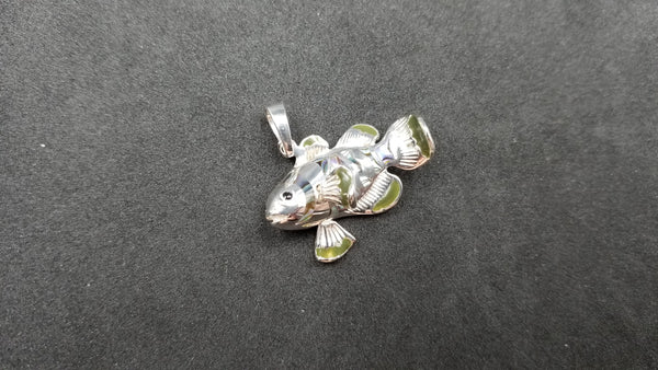 STERLING SILVER W/ ABALONE SHELL AND GREEN ENAMEL FISH PENDANT