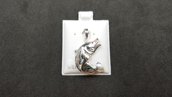 STERLING SILVER W/ ABALONE SHELL BASS FISH PENDANT