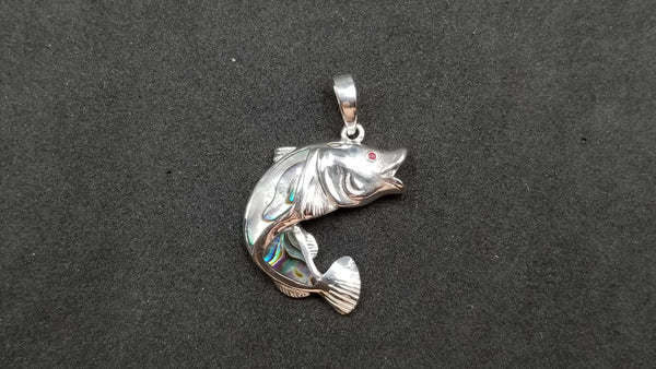 STERLING SILVER W/ ABALONE SHELL BASS FISH PENDANT