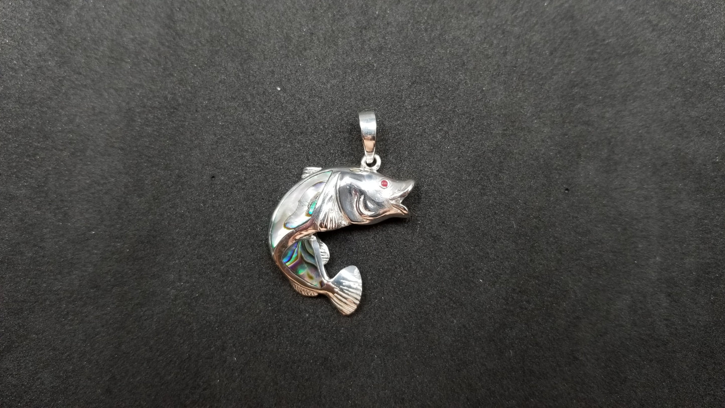 STERLING SILVER W/ ABALONE SHELL BASS FISH PENDANT