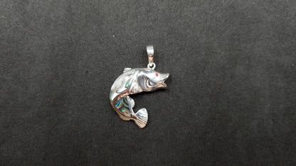 STERLING SILVER W/ ABALONE SHELL BASS FISH PENDANT