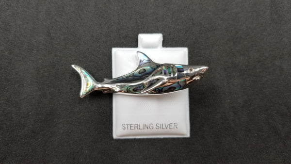 STERLING SILVER W/ ABALONE SHELL GREAT WHITE SHARK PENDANT