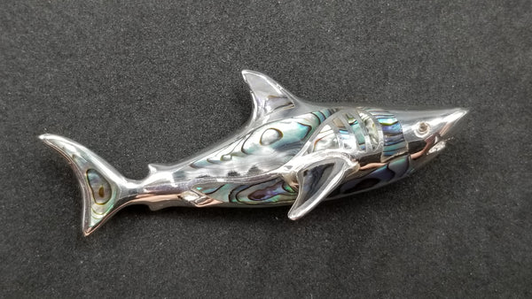 STERLING SILVER W/ ABALONE SHELL GREAT WHITE SHARK PENDANT
