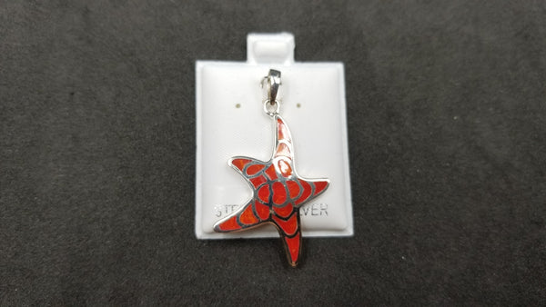 STERLING SILVER W/ SYNTHETIC CORAL INLAY STARFISH PENDANT