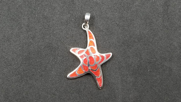 STERLING SILVER W/ SYNTHETIC CORAL INLAY STARFISH PENDANT