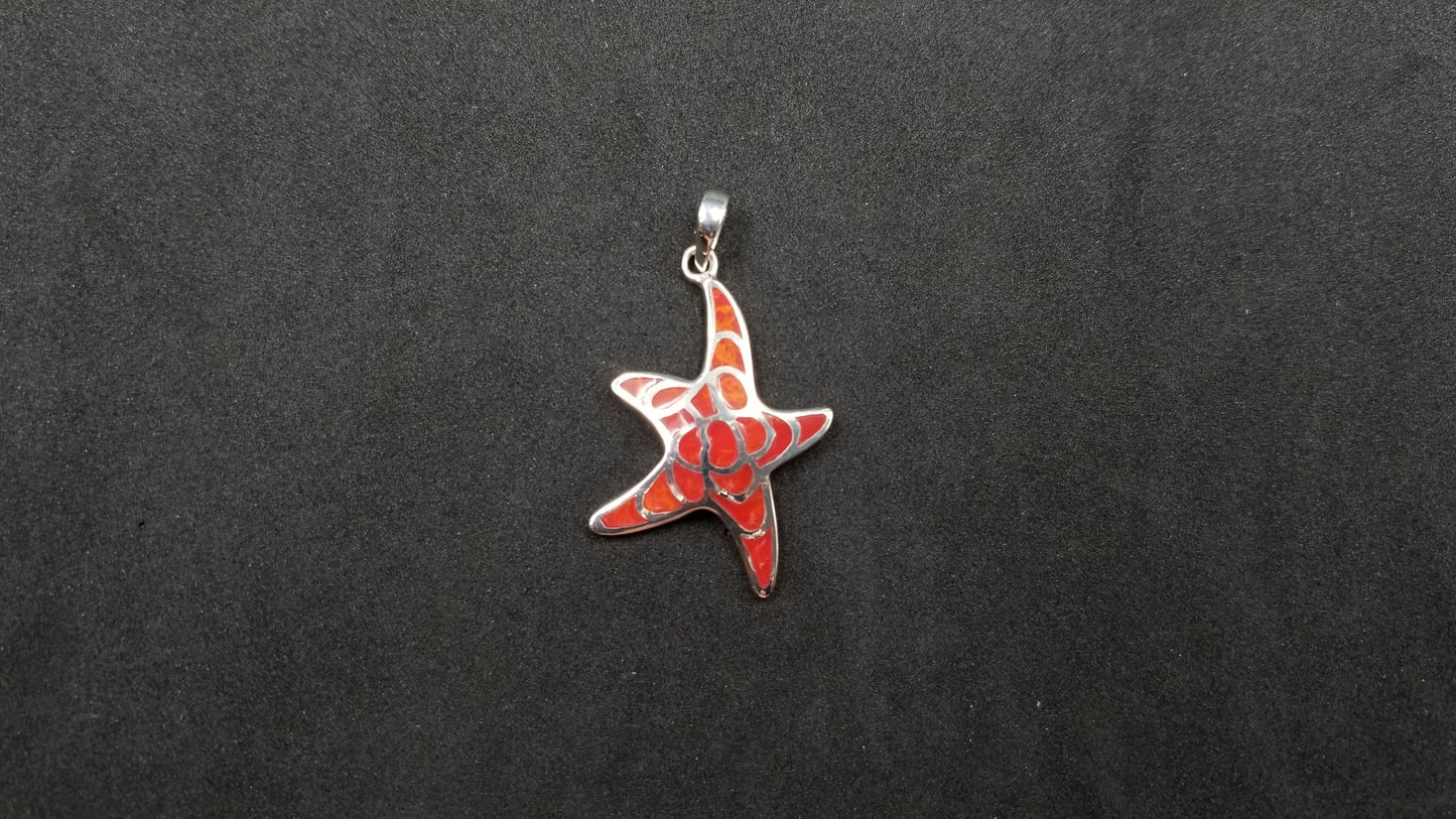 STERLING SILVER W/ SYNTHETIC CORAL INLAY STARFISH PENDANT