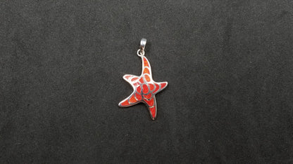 STERLING SILVER W/ SYNTHETIC CORAL INLAY STARFISH PENDANT
