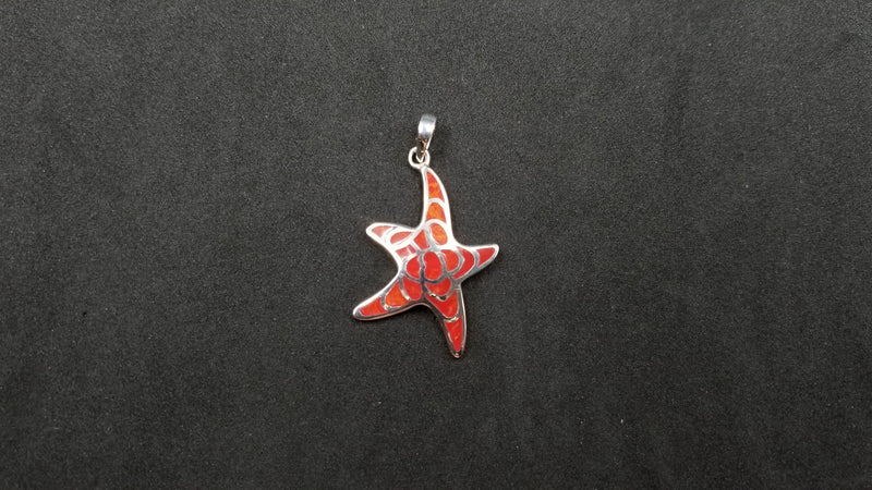 STERLING SILVER W/ SYNTHETIC CORAL INLAY STARFISH PENDANT