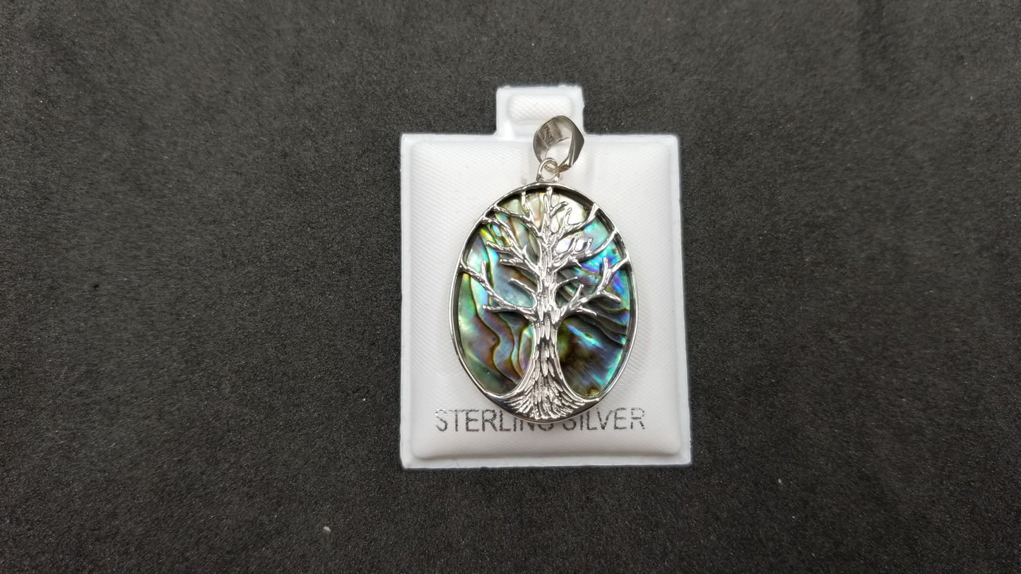 STERLING SILVER W/ ABALONE SHELL TREE OF LIFE PENDANT ( OVAL )