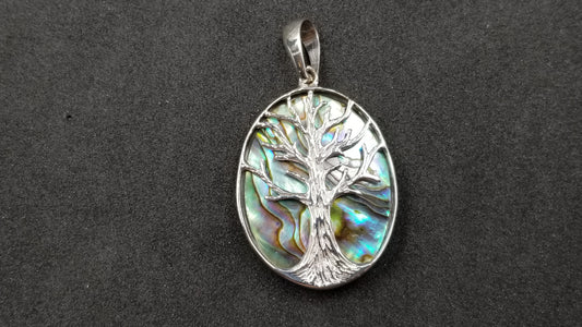 STERLING SILVER W/ ABALONE SHELL TREE OF LIFE PENDANT ( OVAL )