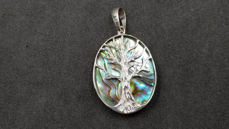 STERLING SILVER W/ ABALONE SHELL TREE OF LIFE PENDANT ( OVAL )