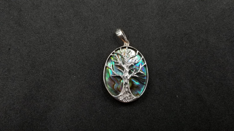 STERLING SILVER W/ ABALONE SHELL TREE OF LIFE PENDANT ( OVAL )