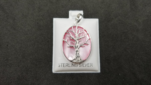 STERLING SILVER W/ PINK MOTHER OF PEARL TREE OF LIFE PENDANT