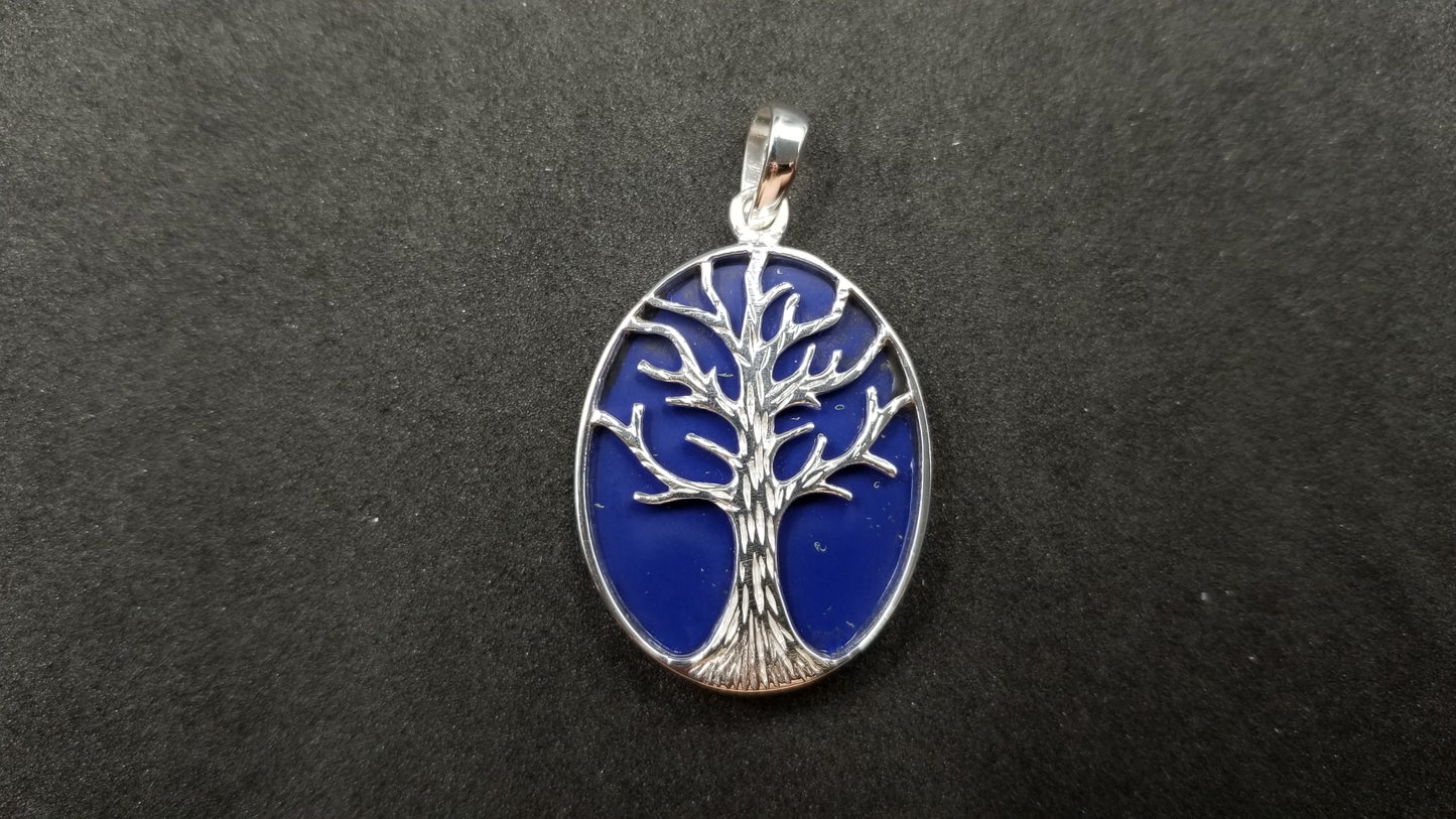 STERLING SILVER W/ LAPIS TREE OF LIFE PENDANT ( OVAL )
