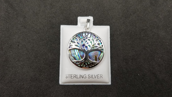 STERLING SILVER W/ ABALONE SHELL TREE OF LIFE PENDANT ( ROUND )