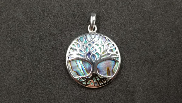 STERLING SILVER W/ ABALONE SHELL TREE OF LIFE PENDANT ( ROUND )