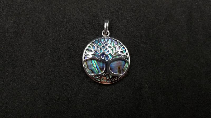 STERLING SILVER W/ ABALONE SHELL TREE OF LIFE PENDANT ( ROUND )