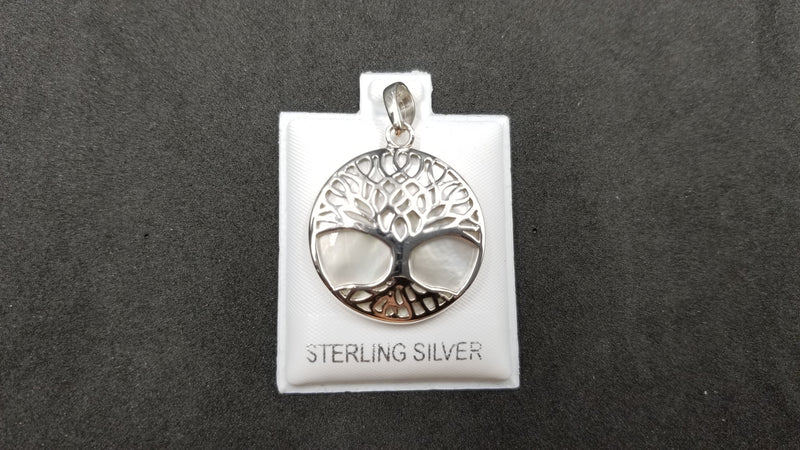 STERLING SILVER W/ MOTHER OF PEARL TREE OF LIFE PENDANT ( ROUND )