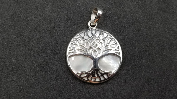 STERLING SILVER W/ MOTHER OF PEARL TREE OF LIFE PENDANT ( ROUND )