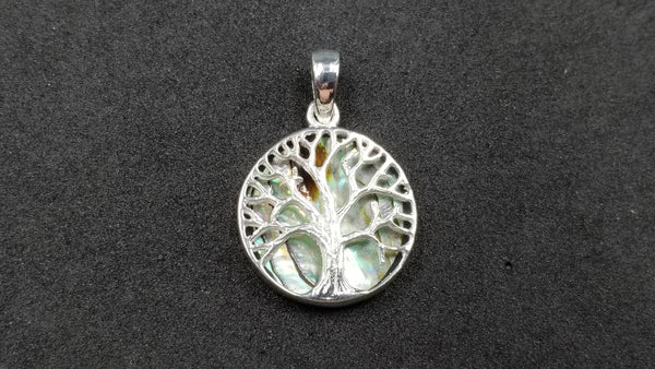 STERLING SILVER W/ ABALONE SHELL TREE OF LIFE PENDANT ( ROUND )SMALL SIZE