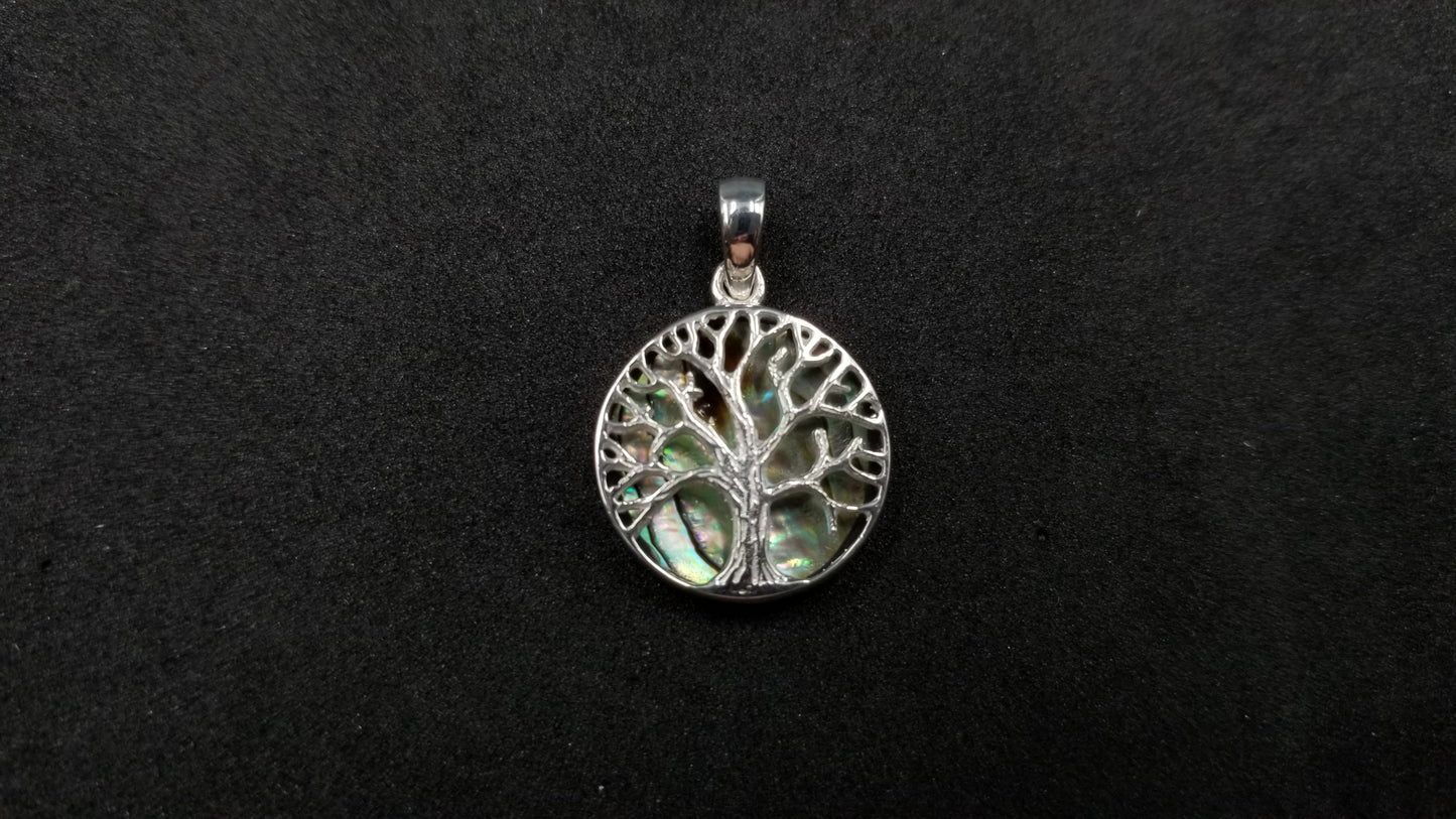 STERLING SILVER W/ ABALONE SHELL TREE OF LIFE PENDANT ( ROUND )SMALL SIZE