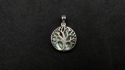 STERLING SILVER W/ ABALONE SHELL TREE OF LIFE PENDANT ( ROUND )SMALL SIZE