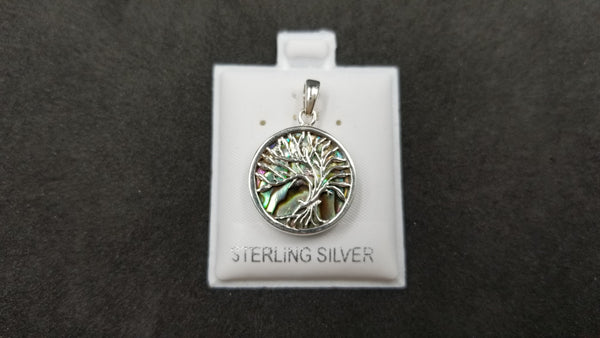 STERLING SILVER W/ ABALONE SHELL TREE OF LIFE PENDANT ( ROUND )SMALL SIZE